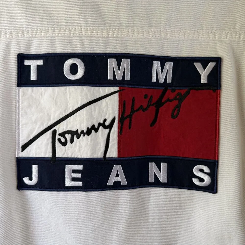Vintage Tommy Hilfiger White Denim Jean Jacket | Big Logo 90s Oversized, XL
